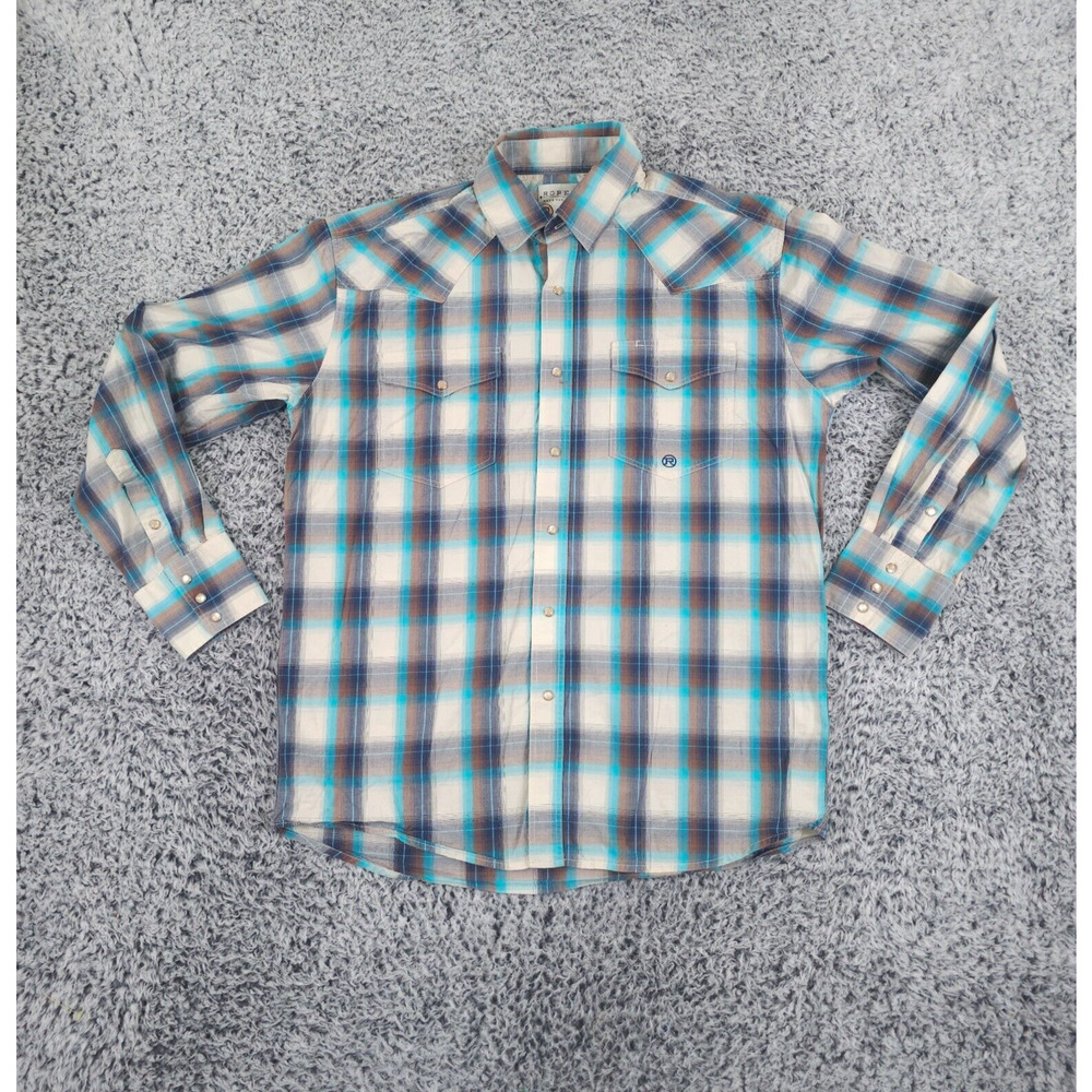 Roper Western Shirt Mens Medium Blue Plaid Pearl Snap Yoke Cowboy Rockabilly VTG